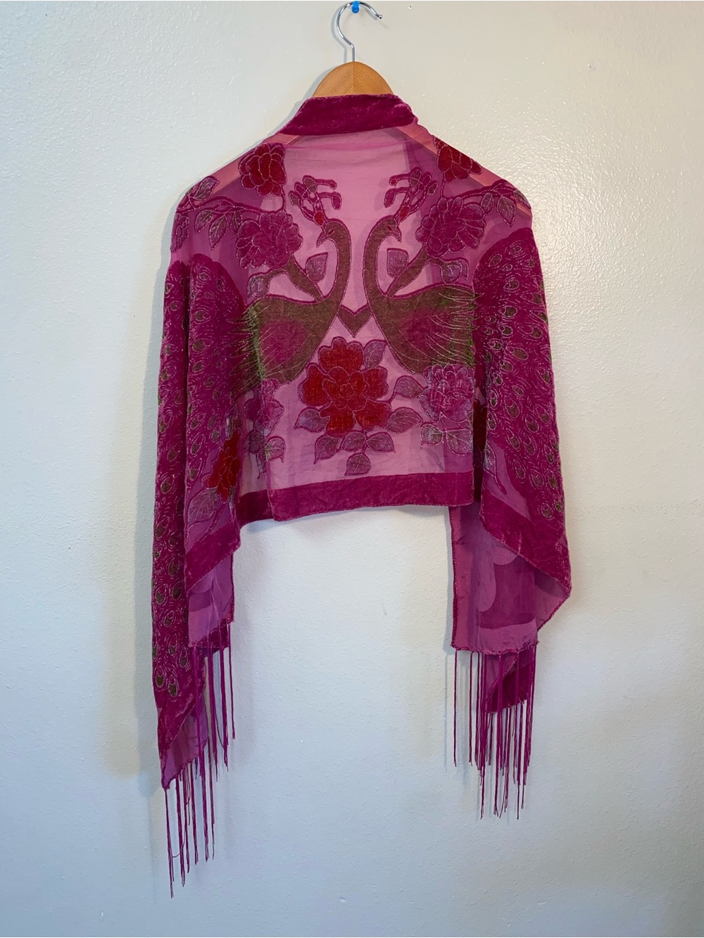 Boho Magenta Velvet Burnout Peacock Fringe Shawl Wrap Scarf One Size